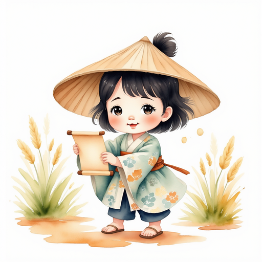 Sammy holds a scroll and smiles under a bamboo hat. In the background, tall grass waves gently.