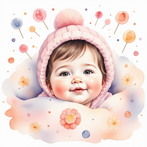 The baby sister peeks out from her warm blankets with a curious gaze. In the background gentle lollipop patterns.