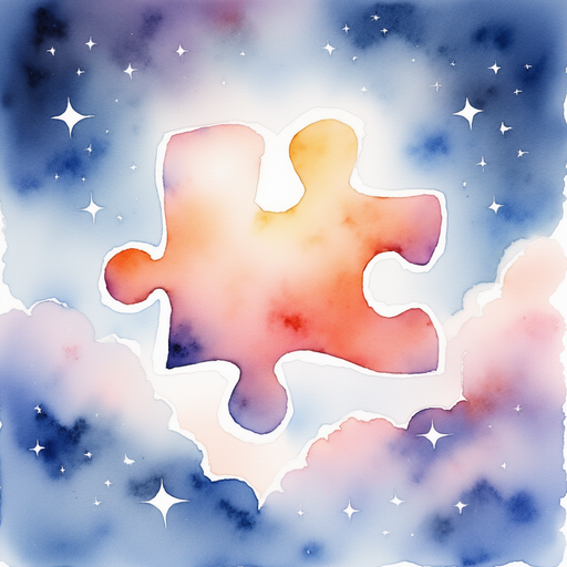A glowing puzzle piece shaped like a hug In the background, light clouds twist