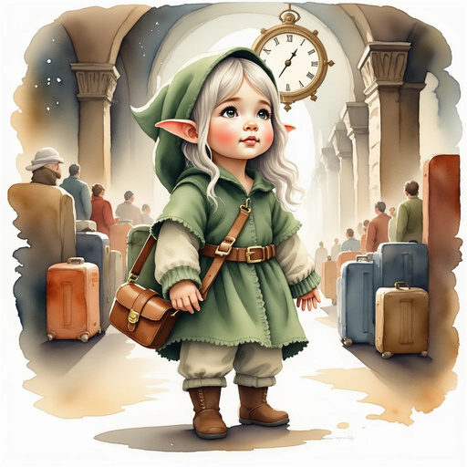 Flicker Sparkleaf stands with her satchel of tools, looking up at the grand station clock. In the background, travelers move through a maze of suitcases.