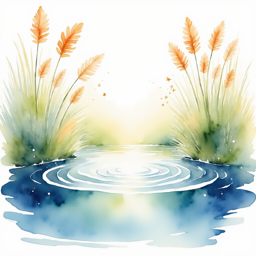 Show the shimmering pond with bright rainbow sparkles. In the background: A few tall reeds swaying in a light breeze.