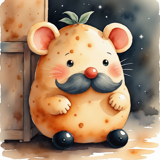 Russett Potato Man tattered with uneven eyes resting against a dusty box. In the background, a dimly lit stack of crates