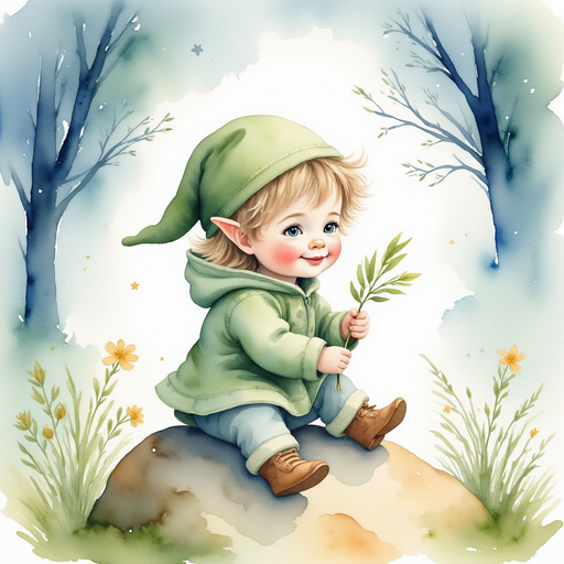 The baby elf sits on a smooth rock, clutching a bright leaf. In the background, thin branches sway under moonlight.