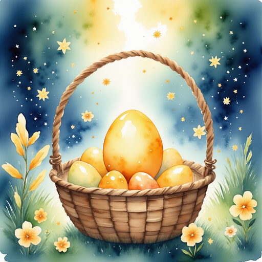 A golden egg resting in an enchanted basket, bursting into a shower of shimmering stardust. In the background, the magical Gardenwood Forest shimmers with gentle twilight.