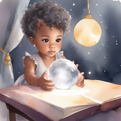 Aset gazing into a crystal ball curly short hair wearing a gray romper Glowing magical light in a dimly lit fortune shop