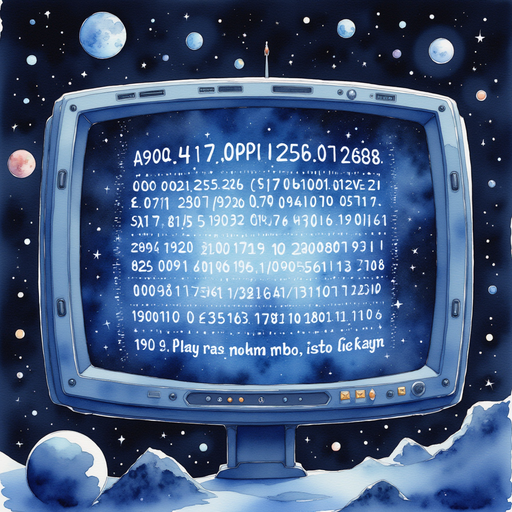 A mysterious transmission filled with encrypted symbols appearing on a monitor. In the background, the vastness of space is speckled with distant stars.