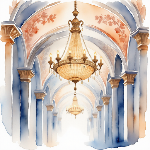A graceful chandelier hanging from the ceiling, gleaming brightly. In the background, the ceiling arches high with ornate designs