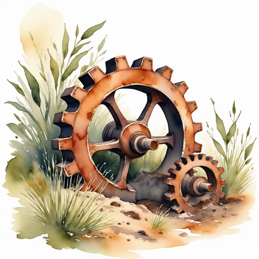 A large, rusted steel gear partly dug into the ground In the background, creeping roots