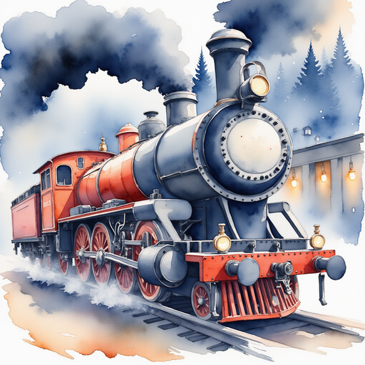 Show the gleaming steam engine with a big funnel. In the background, gentle lights flicker along the station's walls