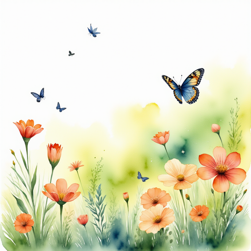 A colorful butterfly flutters close to the vibrant meadow flowers. In the background, a peaceful expanse of green meadow.