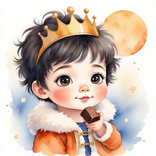 King Doodle Bum holds a chocolate chunk In the background, a shimmering candy moon