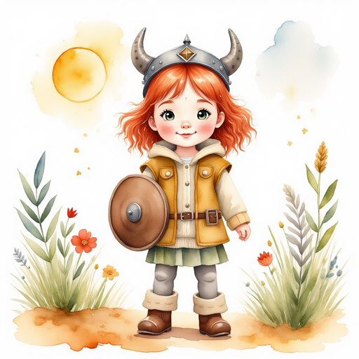 Bolda stands proudly on the shore, wearing a small Viking helmet and a determined smile. In the background, bright flowers sway under a golden sun.