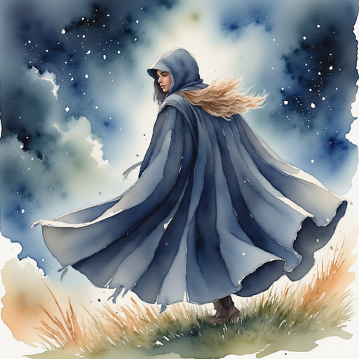 A wool cloak billows in the swirling wind, its edges flecked with raindrops. In the background, far-off lightning flashes behind dark clouds.
