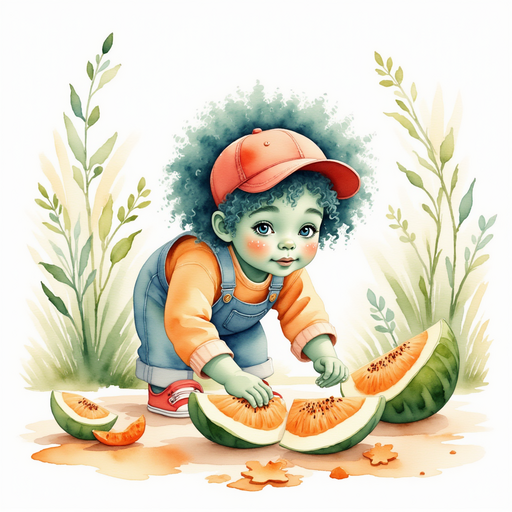 Zigzag Zander bends over melon slices, arranging them in a puzzle. In the background, tall, twisting vines stretch up toward the sky