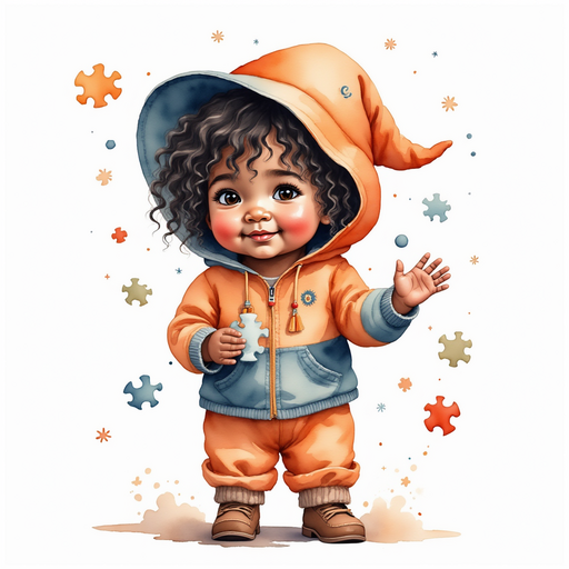 Zippy Zapata holding a soft puzzle piece In the background, more puzzle pieces drift