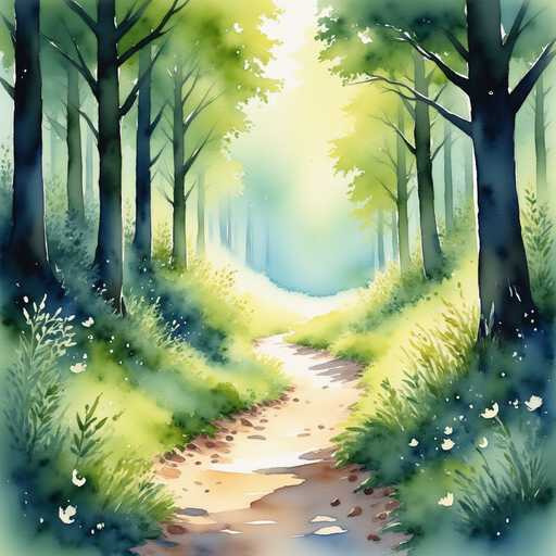 A path made of glowing pebbles, each one casting a soft light that hums invitingly with a gentle melody in the air. lush green trees of the forest