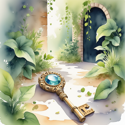 A small, jeweled key rests on a smooth stone path, hinting at hidden wonders. In the background, leafy vines creeping up a wall.