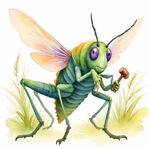 Buzzywhirl holds a small hammer, ready to investigate. In the background tall grass rustles.