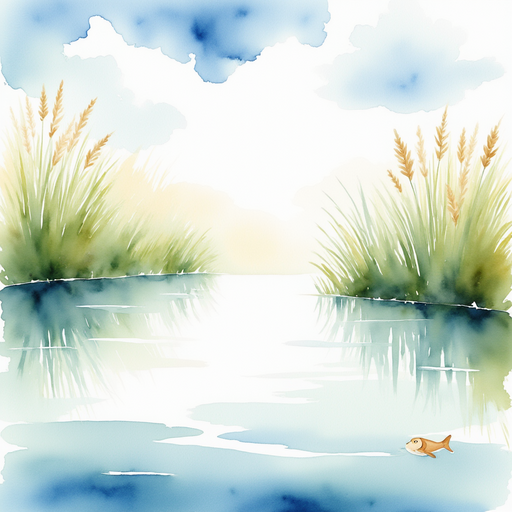 The shimmering pond lies still and clear, showing the fluffy clouds in its surface. In the background, tall grasses sway along the shoreline