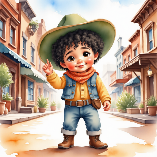 Cactus Cody stands at the edge of a wooden sidewalk, tipping his hat toward an old saloon door. In the background, rows of storefronts under a clear morning sky