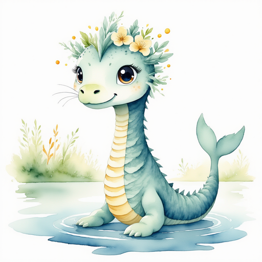 Nessie Sparkles looks thoughtfully at the swirling mist above the water. In the background, lush reeds along the loch’s edge.
