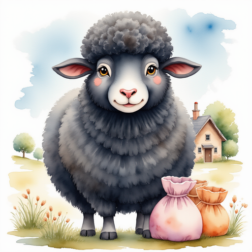 The black sheep stands proudly with three large bags of wool beside him. In the background, there is a cartoonish cottage under a blue sky.