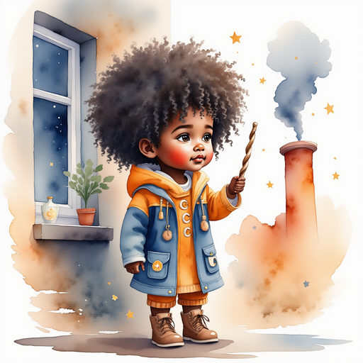 Zippy stands near a window, holding his wand made of twisted wood. In the background, chimney smoke curls into the stormy sky