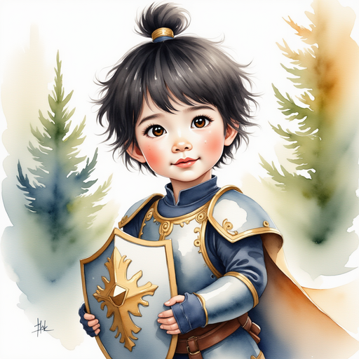 Sir Liang - who is a boy - clutches his shiny shield tight, looking up at the dark clouds. In the background, the forest trees sway in the wind.