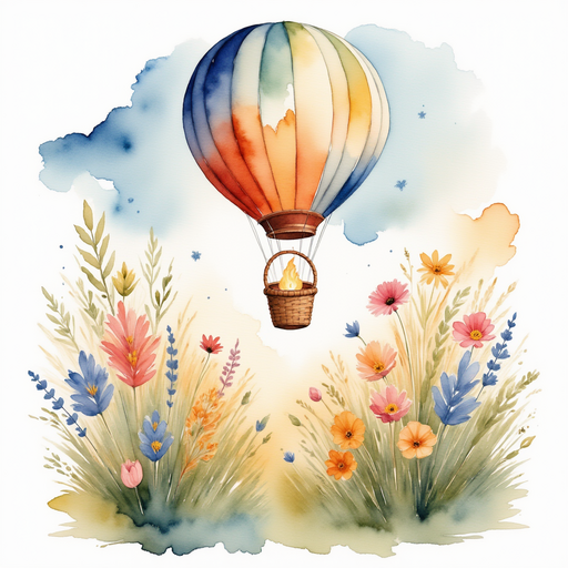 A flickering fire under the burner, glowing brightly In the background, the wicker balloon basket rests near a patch of wildflowers.
