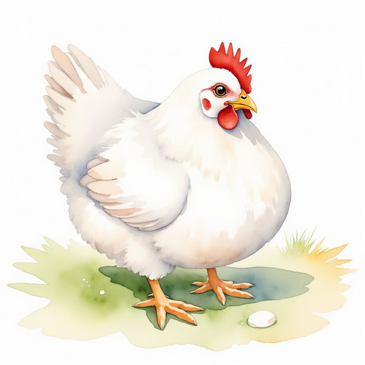 Show Cluckster pecking a pebble with a playful twinkle in his eye. In the background, a carpet of soft green grass.