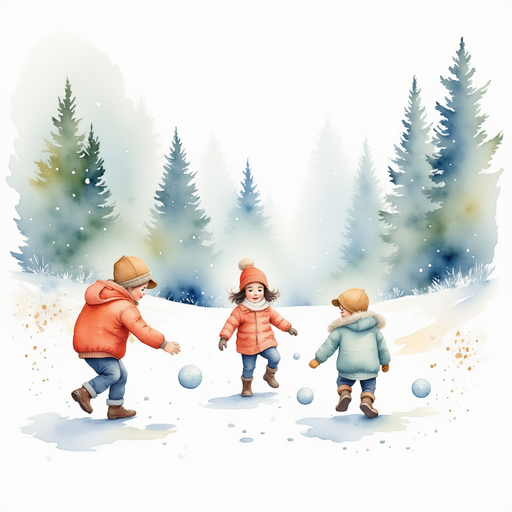 children rolling snowballs. In the background, trees dusted with snow stand quietly.