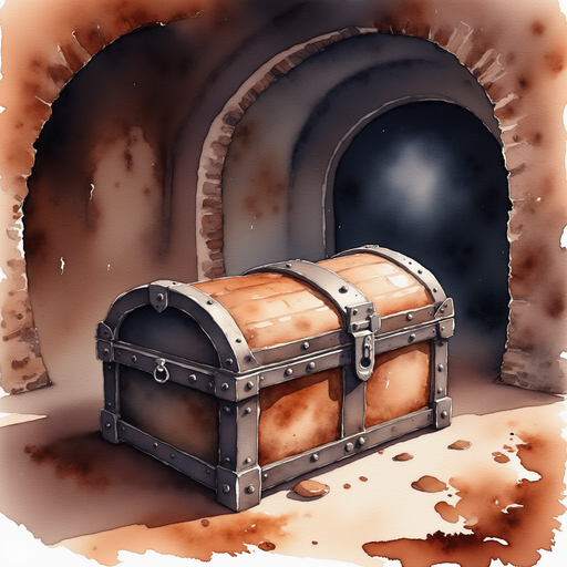 A forgotten chest topped with a twisted metal lock. In the background stretch dark, winding chocolate corridors.
