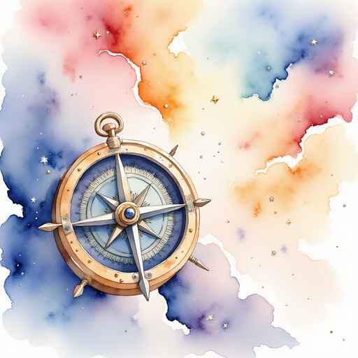 A gleaming compass spins on top of a blank page. In the background, swirling clouds reflect shifting rainbow hues.