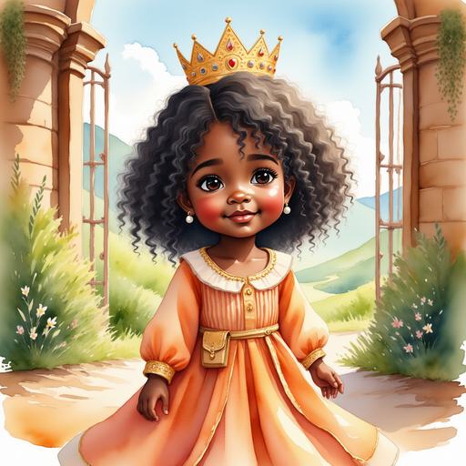 Show Queen Neena standing in front of a tall castle gate, smiling with excitement. In the background, rolling green hills under a bright morning sky