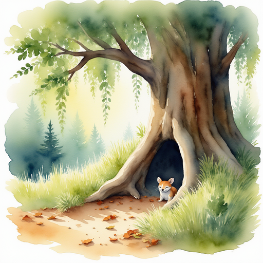 A shaded burrow entrance nestled at the base of a large, gnarled tree, with sunlight softly filtering through the leaves, hinting at a sleeping creature inside. In the background, the bright, dappled sunlight plays on a forest floor covered in fallen leaves.