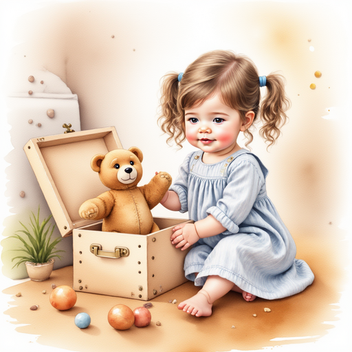 Sofia looking inside her toy box, pulling out her teddy bear.
