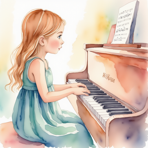 Vivian playing the piano, with a puzzled look on her face as she hears the strange melody.
