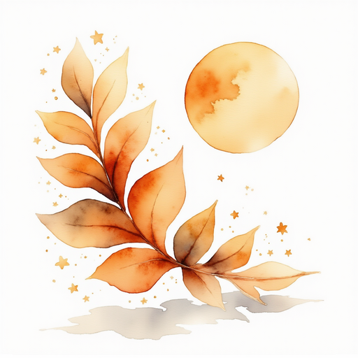 A brown leaf twirling in the breeze. In the background is a softly glowing moon.
