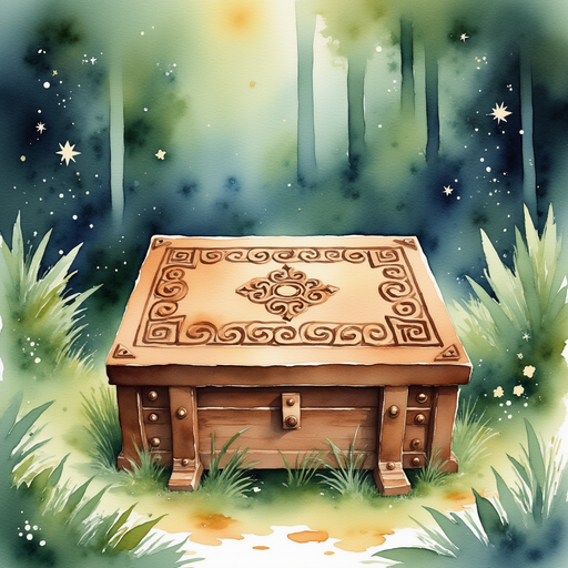 A carved wooden box with spirals and knots In the background, dense greenery and faint fireflies