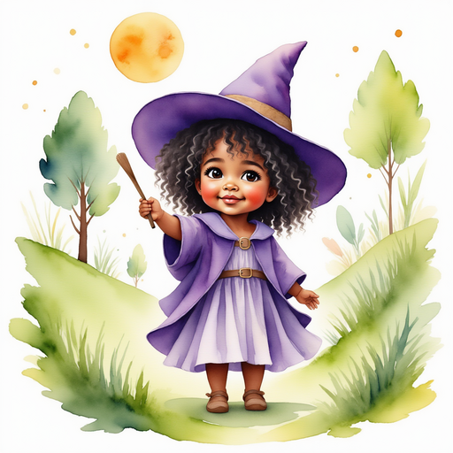 Willow Charms - who is black - waves her wand joyfully on the gentle green slope. In the background the willow trees sway under the bright sun
