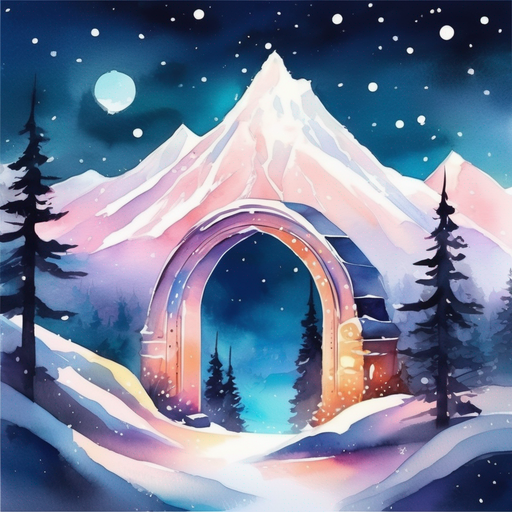 Glowing portal in a snowy alpine mountain celestial landscape.