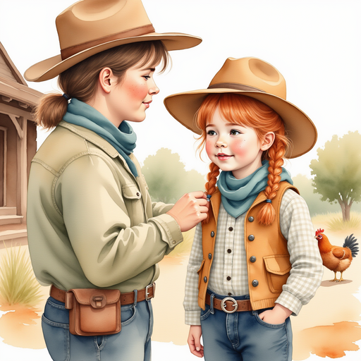 Calamity Kate’s parents gently talking to her in front of the family’s simple ranch house. In the background, a few chickens peck at the dry ground.