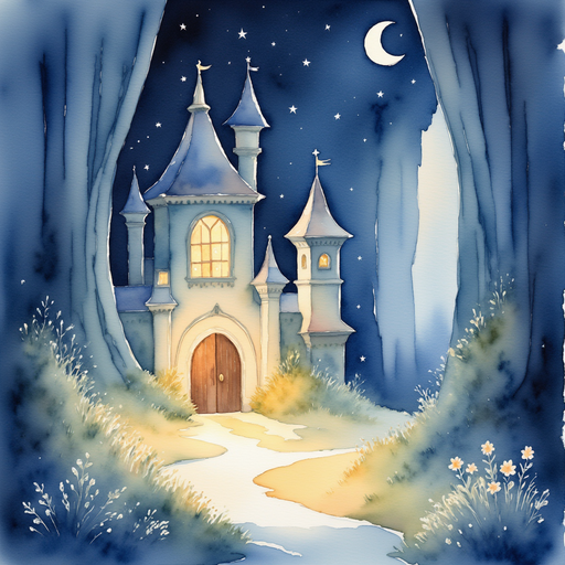 Show the nightlight glowing brightly, shaped like a tiny castle. In the background, a silky curtain sways in the breeze.