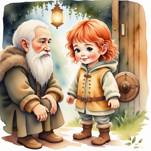 Bolda wrings out her cloak while listening to the wise elder. In the background, a flickering lantern hangs near a wooden door.