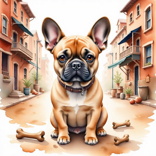 A caramel french bulldog in a small town, surrounded by bones.