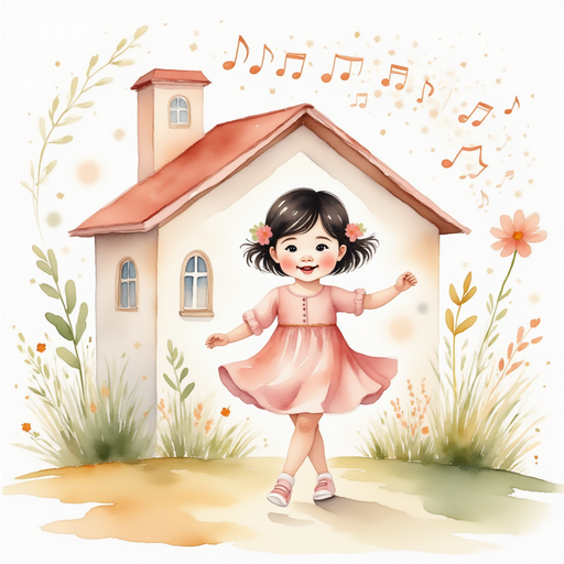 Grace dancing in her cozy house filled with music notes.