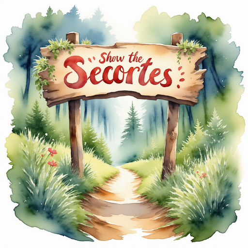 Show the colorful sign with big letters and swirling decorations. In the background, a narrow path leads deeper into the forest.