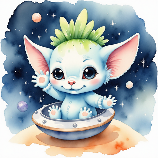 Zibloo waves a cheerful greeting from his tiny spaceship. In the background, distant planets