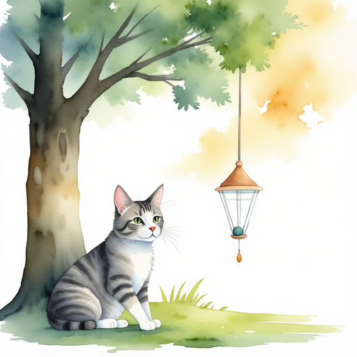 Luna sitting under the oak tree, looking up at the wind chime.