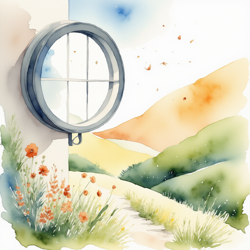 A big round window glints brightly. In the background, rolling hills pass by in a soft blur. In the background, rolling hills pass by in a soft blur.